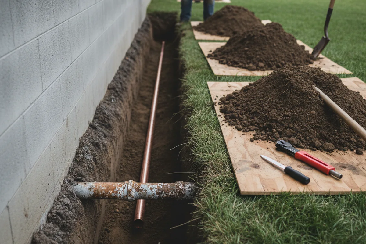 Excavated water line trench during Water Softener Installation in Leonardtown
